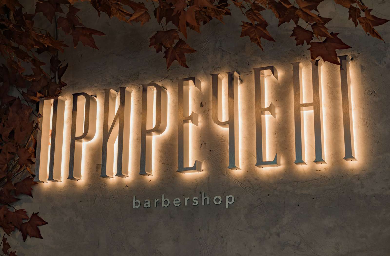 Світлий напис ПРИРЕЧЕНІ barbershop на бетонній стіні під рудим листям, Київ